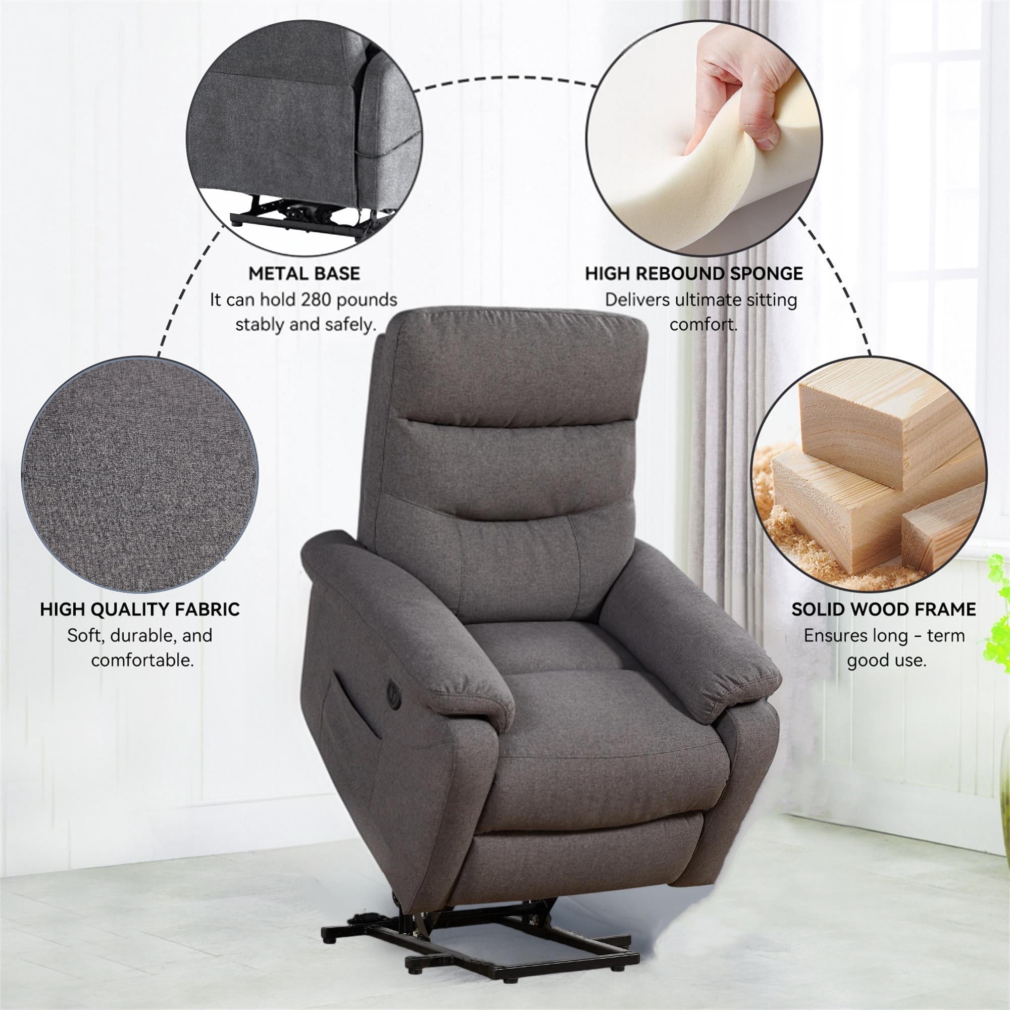 Aukfa Power Lift Recliner Chair with Massage&USB Port for Adult, 2 Side Pockets, Linen, Gray