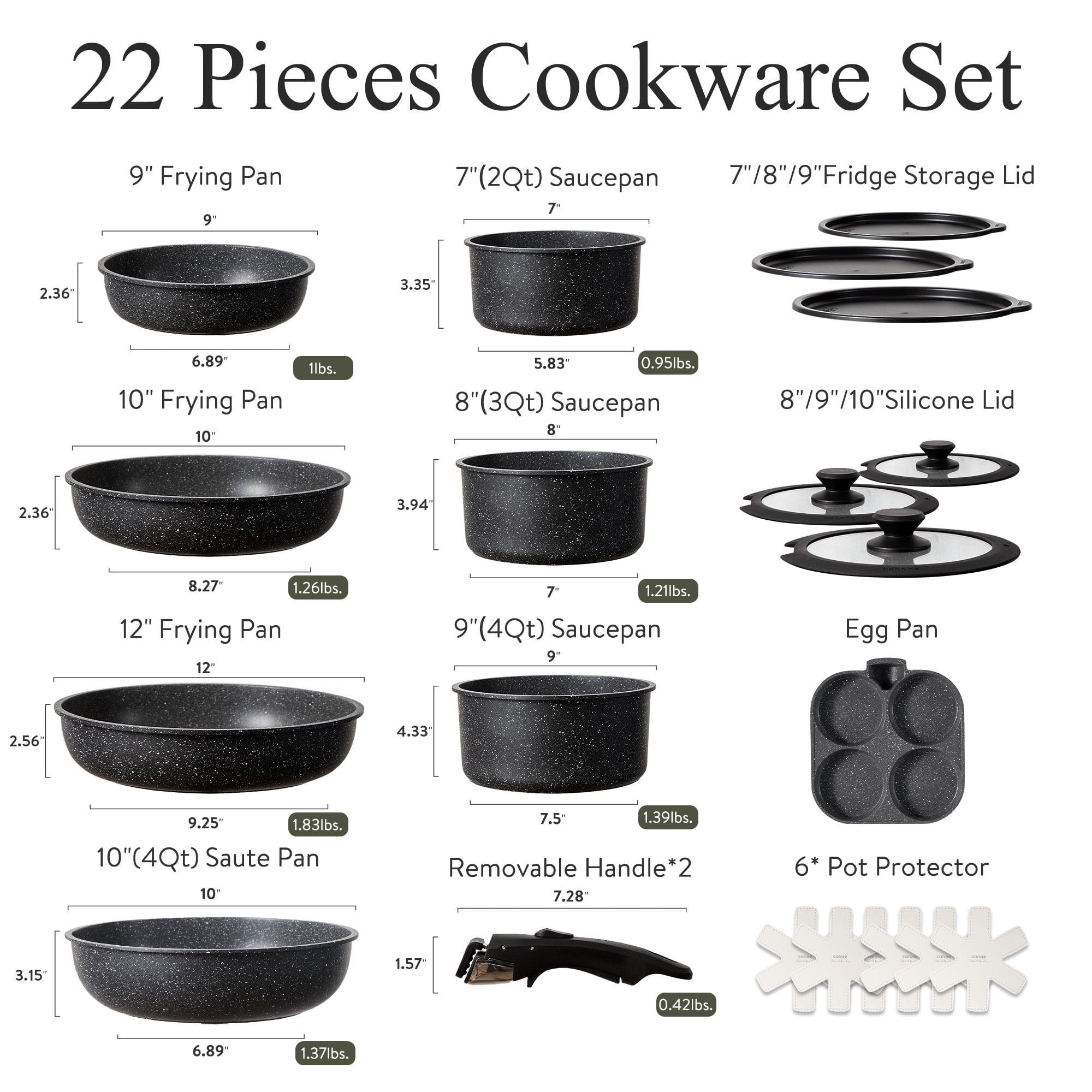Carote 4 Pcs Nonstick Cookware Set with Detachable Handle, Induction Kitchen Sets Non Stick, Black