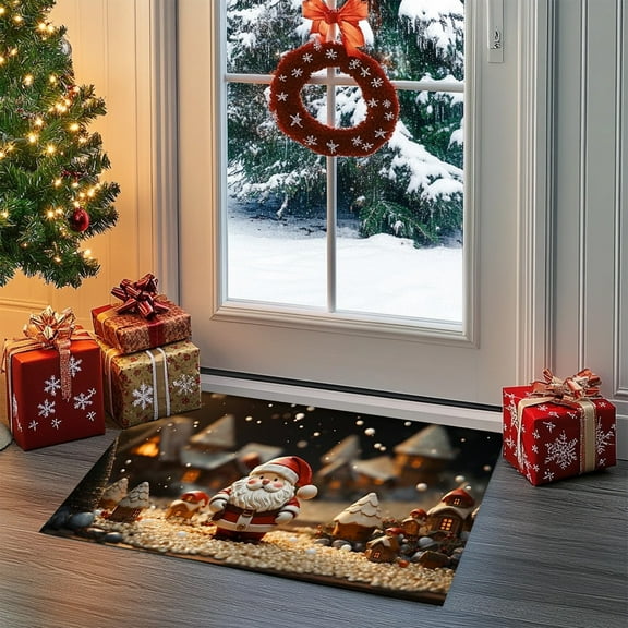 Christmas Welcome Mat Polyester, Non-Slip Floor Rug for Entryway Bathroom Kitchen, Holiday Themed Doormat with Santa and Tree Design(A)