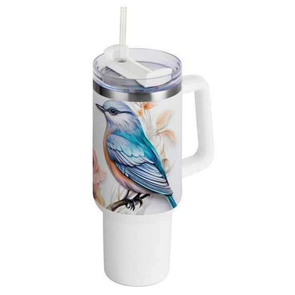 Bird on Beautiful Floral Branch 40 oz Tumbler with Handle and Straw Insulated Travel Mug Reusable Stainless Steel Water Bottle