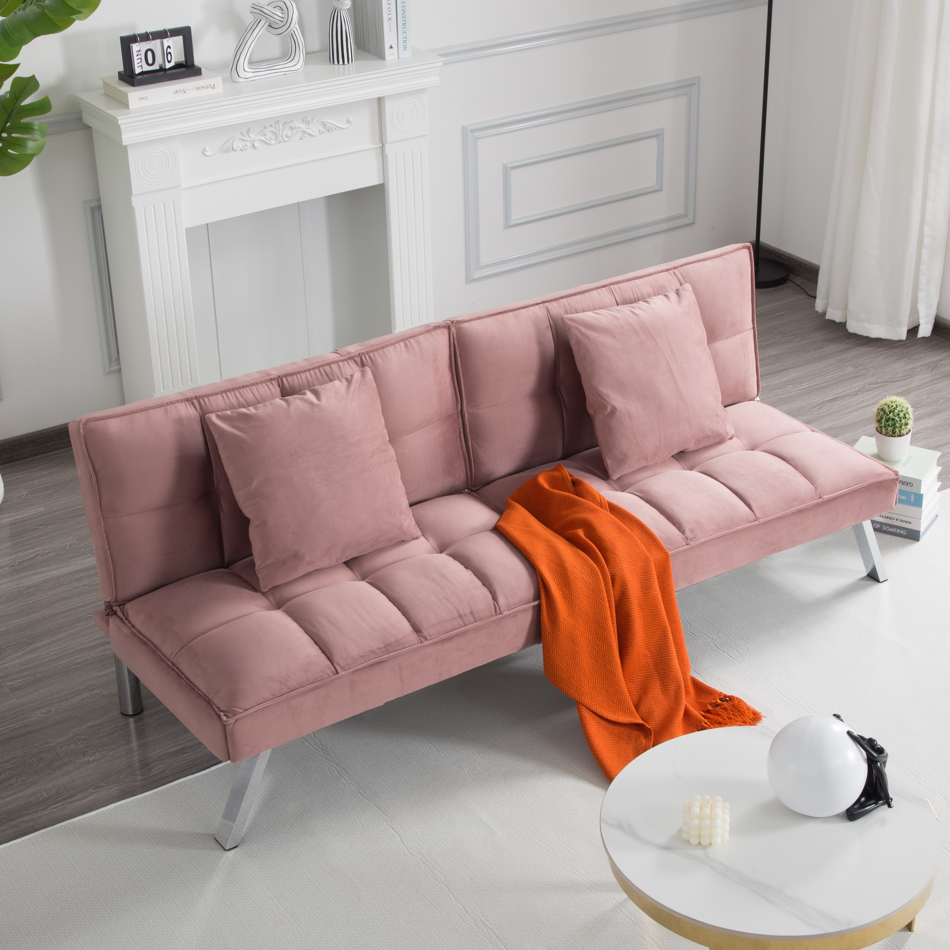 Gewnee 67.7" Futon Sofa Bed, Velvet Convertible Sleeper with Split-Back, Metal Legs for Living Room, Pink