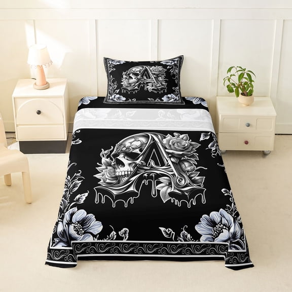 Homewish Skull Skeleton Letter A Twin Sheets,Halloween Gothic Floral Bedding,3 Pieces,1 Fitted Sheet and 1 Pillowcase