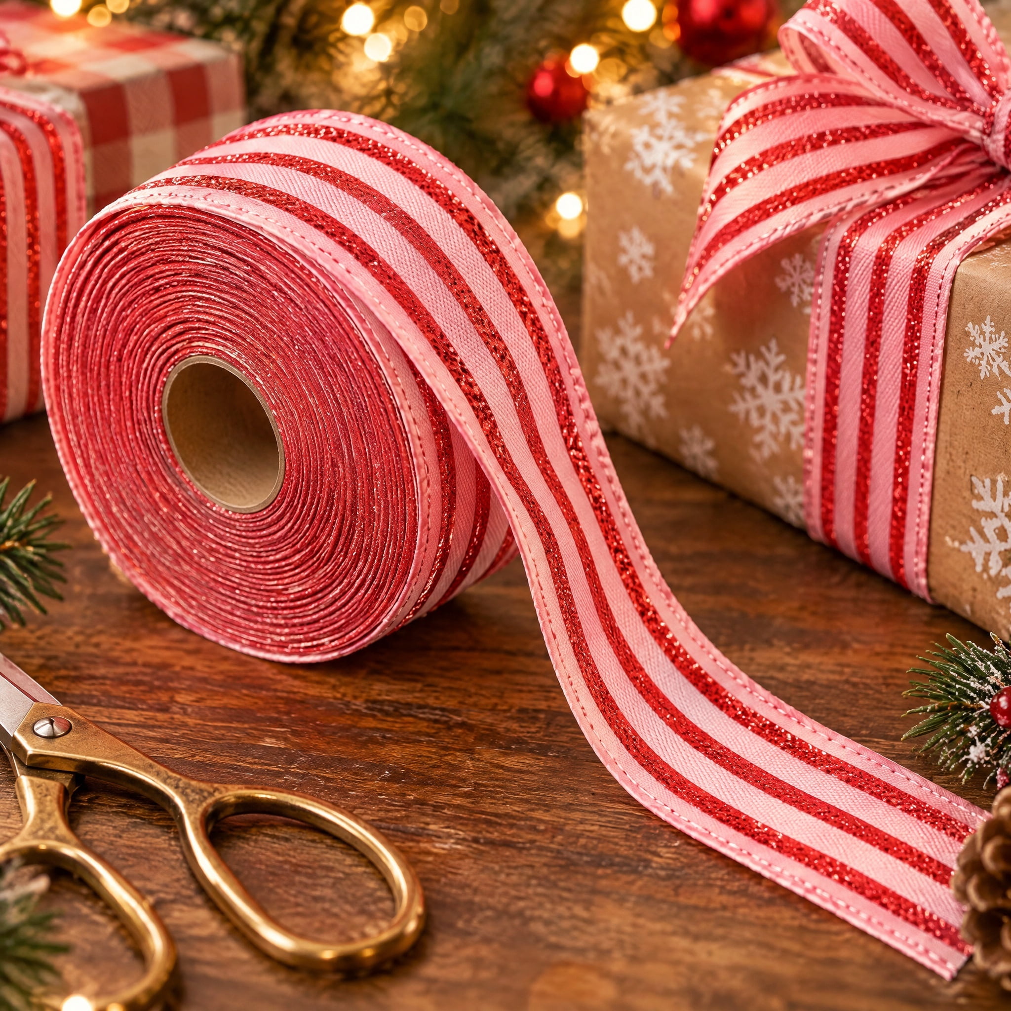 Pink and Red Glitter Striped Mini Christmas Ribbon, 1" x 12', by Holiday Time