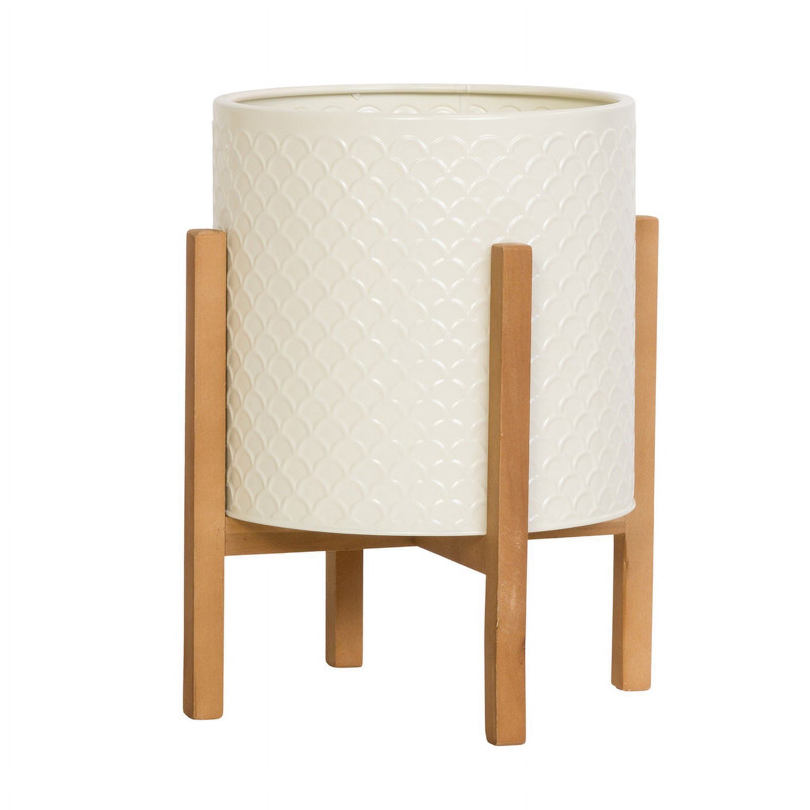 Modern Metal Planter Pot With 4-Leg Wood Base - Beige - 14.75"H x 12"W