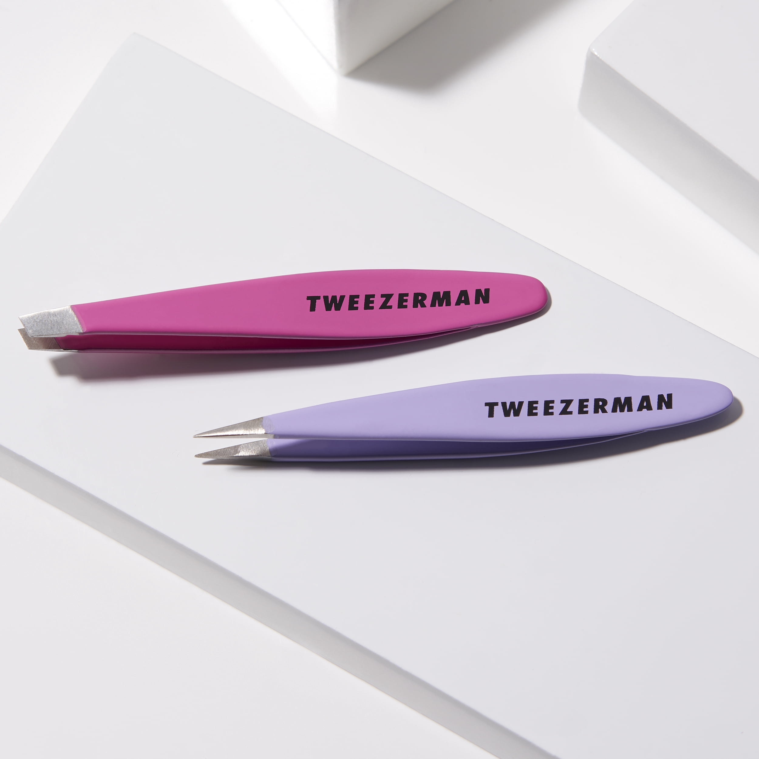 Tweezerman Mini Oval Slant and Point Tweezer Combo, Stainless Steel, Purple Pink