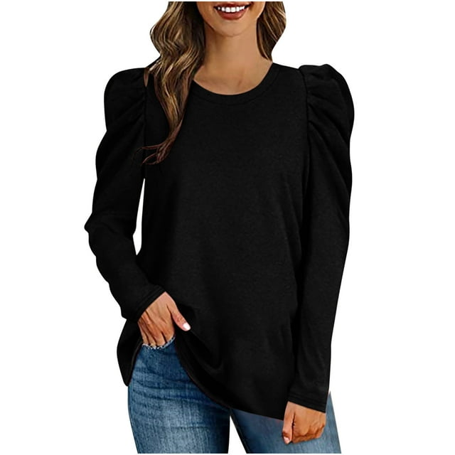 Hauts d'Automne pour Femmes Col Rond Couleur Unie Manches Longues Bouffantes Chemise Décontractée Coupe Ample Confortable Tunique de Sortie pour Dames