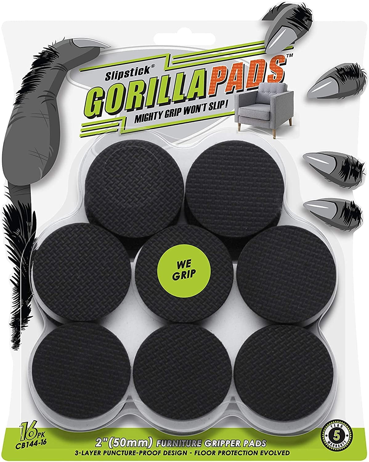 Slipstick Gorilla Pad, 2 Inch Round NonSlip Furniture Feet Pads, High