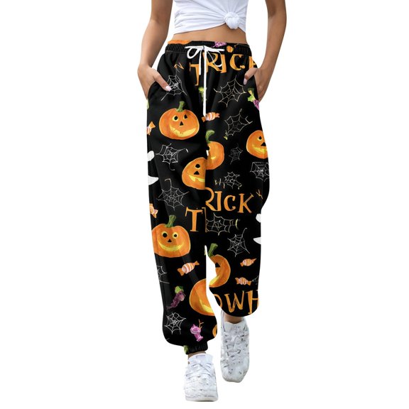 BWASD Sweatpants Women Halloween Cute Spooky Graphic Cuffed Sweatpants for Women Elastic Drawstring Waist Baggy Joggers for Workout Holiday Lounge | L Size