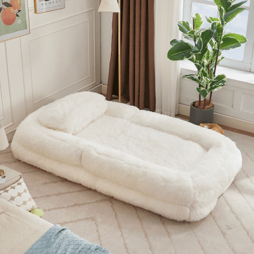 5-Position Adjustable Human Dog Bed, Convertible Floor Sofa & Gaming Chair, Plush Faux Fur Lounger for Bedroom & Living Room, Beige