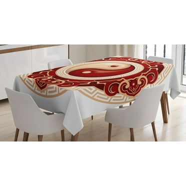 Ambesonne Ying Yang Tablecloth Rectangular Table Cover, Traditional Cultural, 60"x84", Maroon Cream White