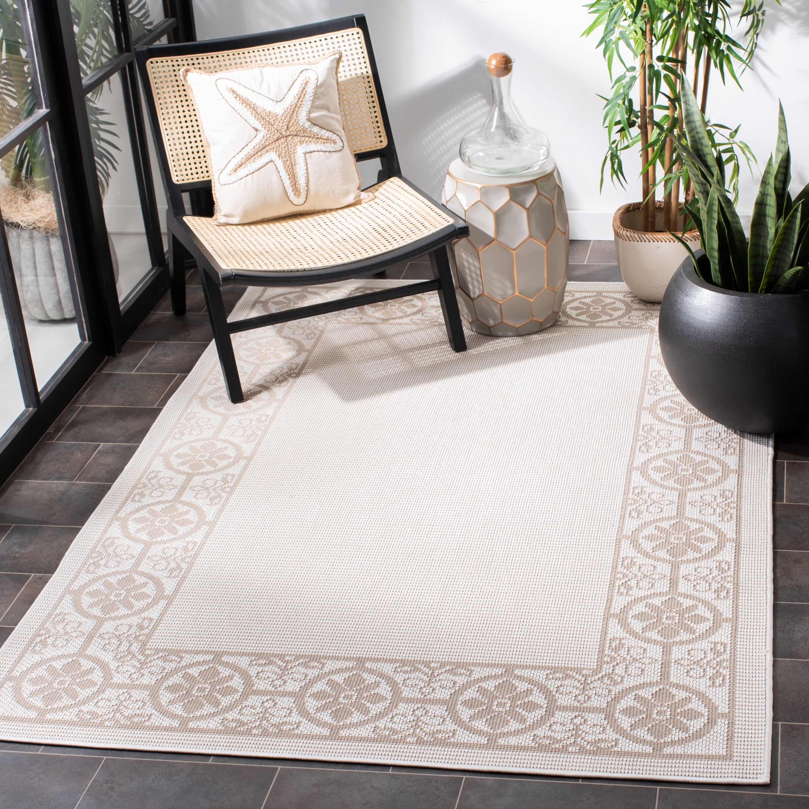 SAFAVIEH Machine Washable Rug Indoor/Outdoor Bermuda Collection - Bermuda Zoey Floral Bordered Indoor/Outdoor Area Rug Ivory/Beige, 9' x 12'