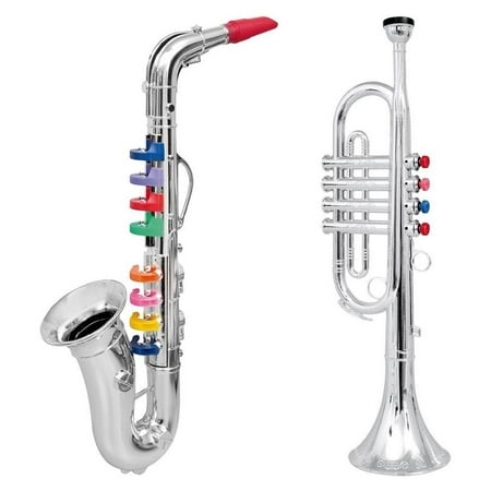 Cnp Set of 2 Musical Wind Instruments for Kids - Metallic Silver Saxophone and Trumpet Horn