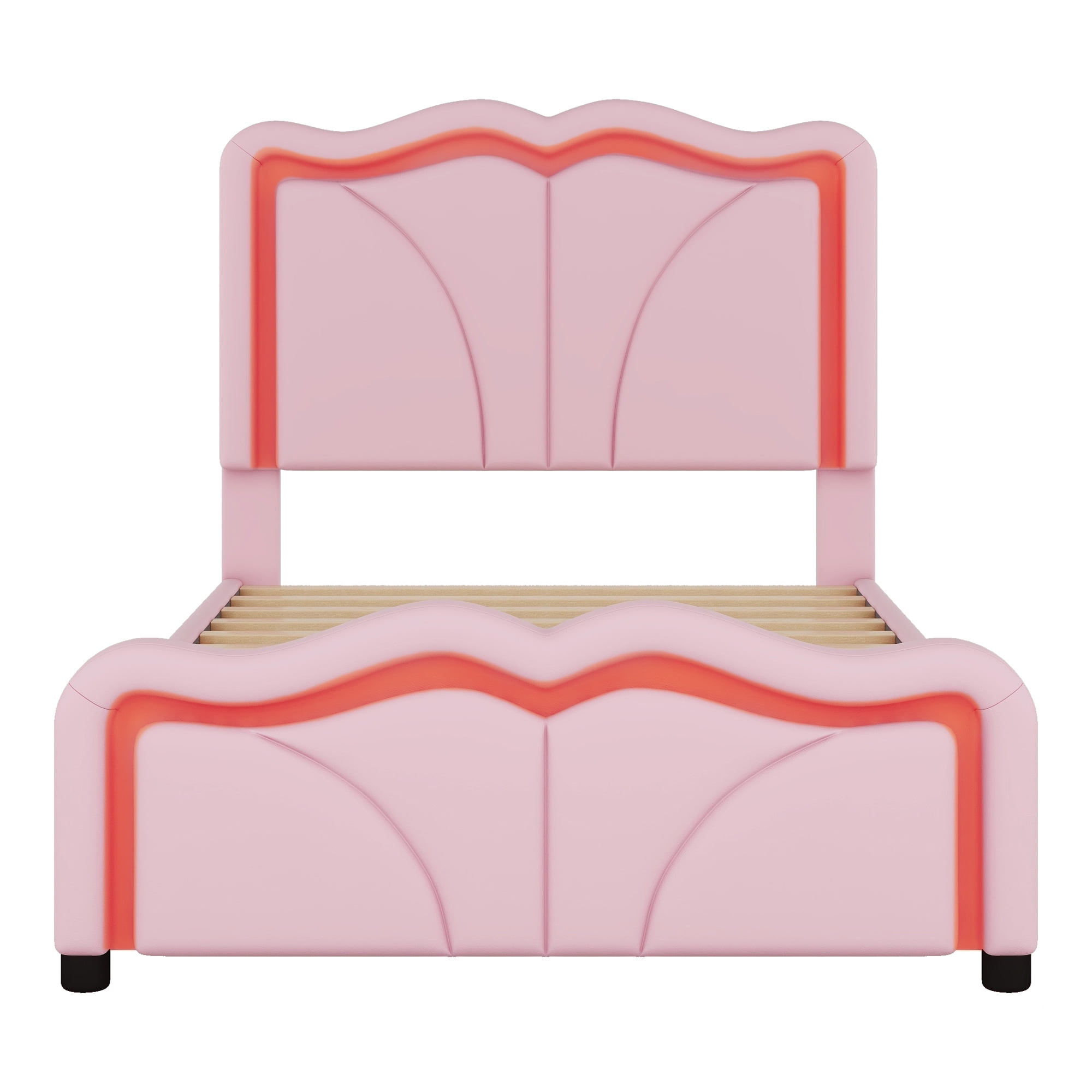EUROCO Upholstered Twin Platform Bed, Cartoon Bed with Adjustable Headboard and LED Light for Toddler Kids Teens Adults, No Box Spring Needed, Pink
