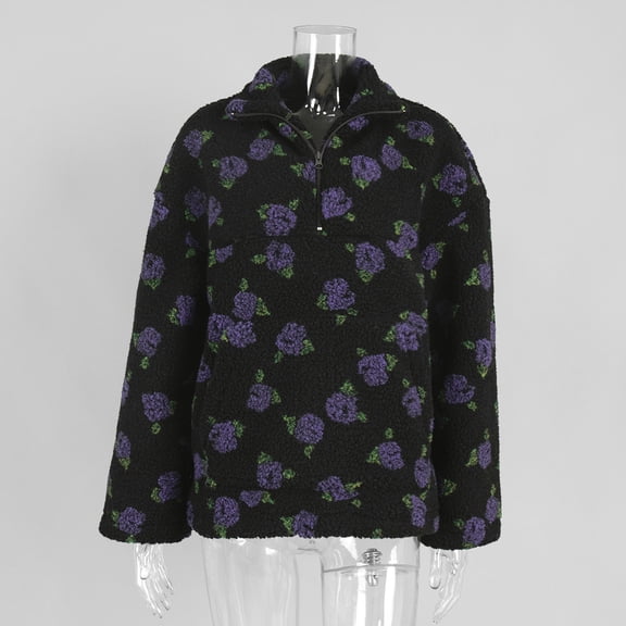 Women's Floral Quarter-Zip Sweatshirt, High Neck Long Sleeve Pullover with Front Pocket