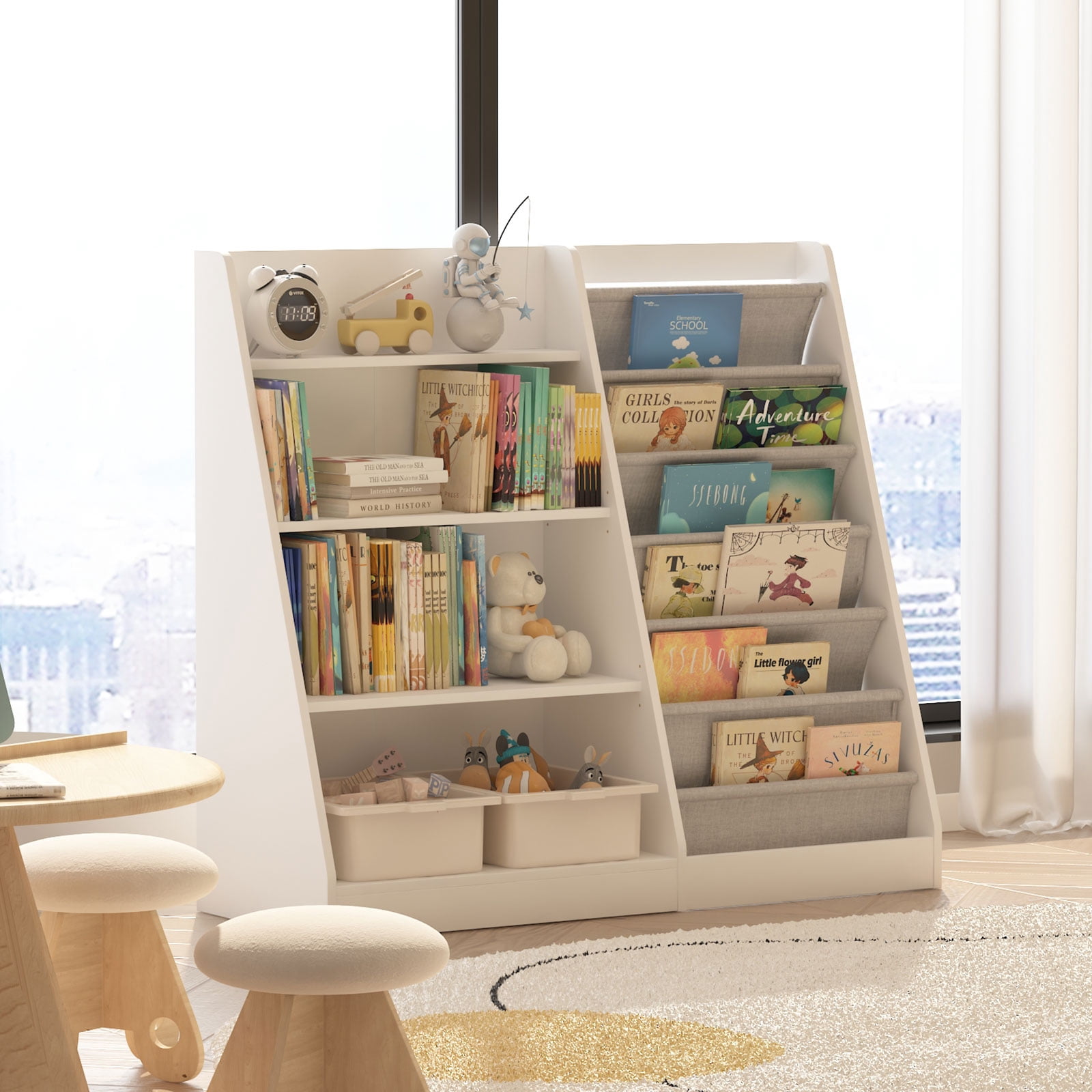 Hironpal Large 6 Layer Sling Kids Bookshelf, 4 Tier Wooden Children Toy Organizer Cabinet for Playroom Nursery Classroom Library