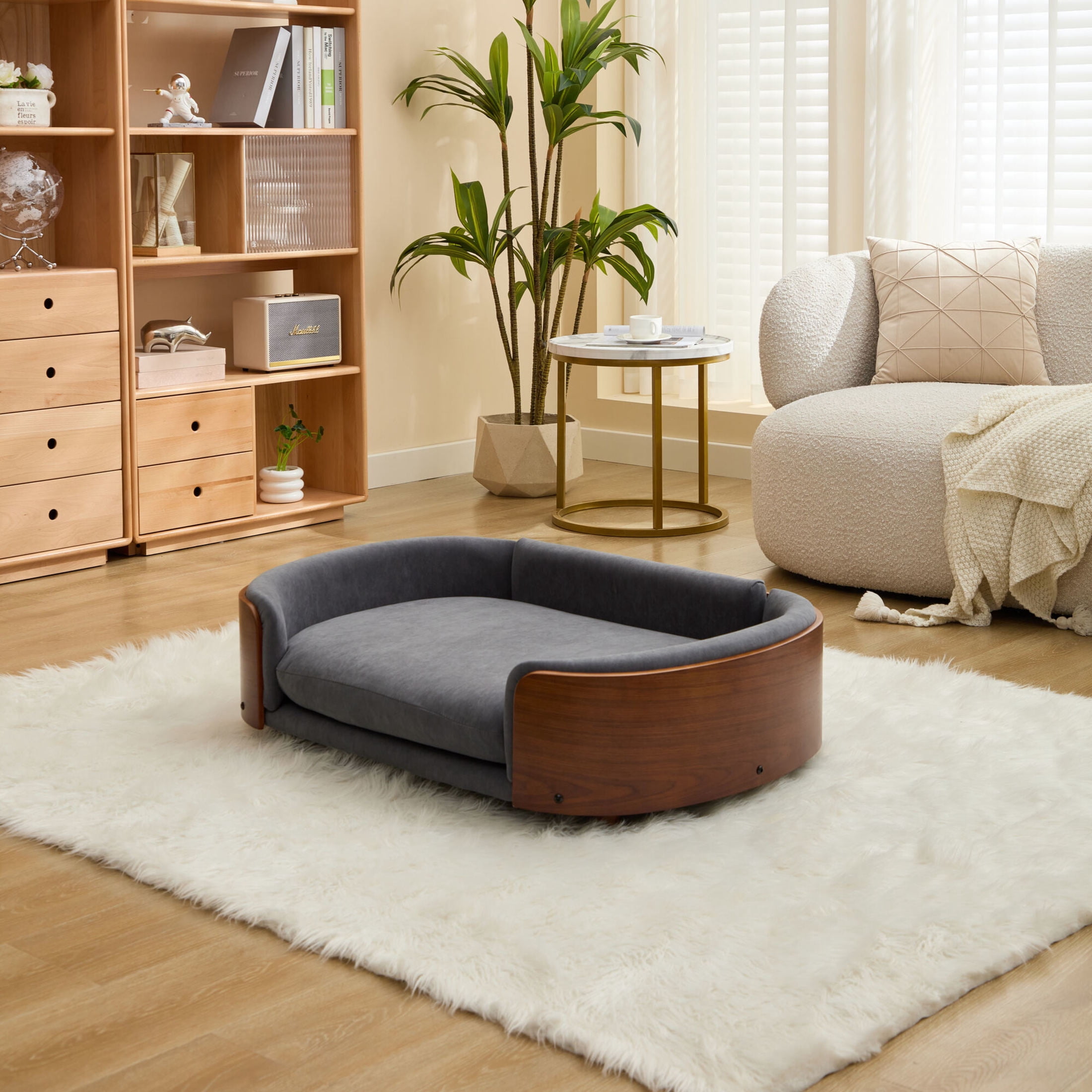 Noble House Scandinavian Elevated Large Dog Bed, Pet Sofa with Solid Wood Frame, Dark Gray and Walnut