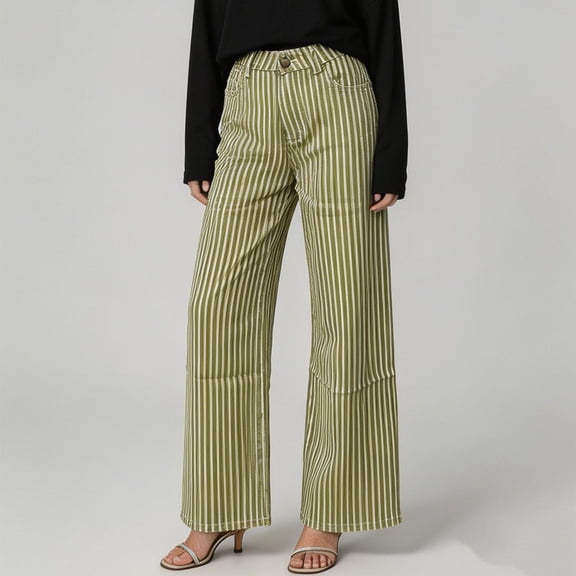 Women's Striped Straight Leg Jeans, Button & Zipper Closure With Pockets, Fashion Denim Long Pants For Streetwear Yellow S