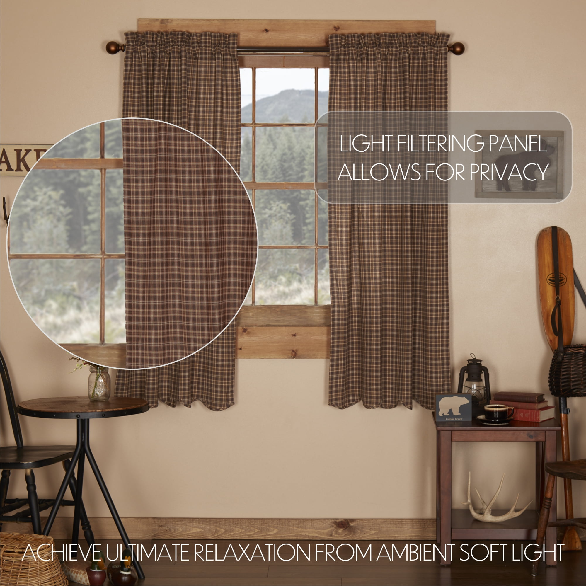 VHC Brands Prescott Rustic 63"x36" Panel Pair Brown Rod Pocket Cotton Plaid Tie Back(s) Window Curtains
