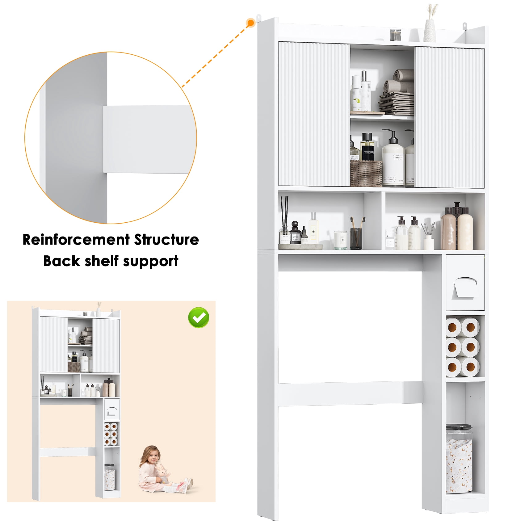 Over The Toilet Storage Cabinet with 2 Sliding Doors & Toilet Paper Holder, Freestanding Adjustable Organizer for Bathroom & Laundry,White