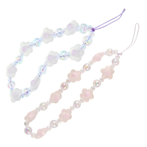 Masteelf 2PCS Beaded Phone Strap Charm Short Wristlet Flower Lanyard Cute Phone Bracelet Cellphone Hanging Keychian Rope for Women Girls