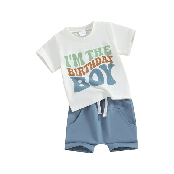 Suealasg Kids Boy Birthday Outfits Set 6M 1T 2T 3T 4T Short Sleeve Letter Print T-shirt Tops Elastic Shorts 2Pcs Summer Causal Clothing for Toddler Boy