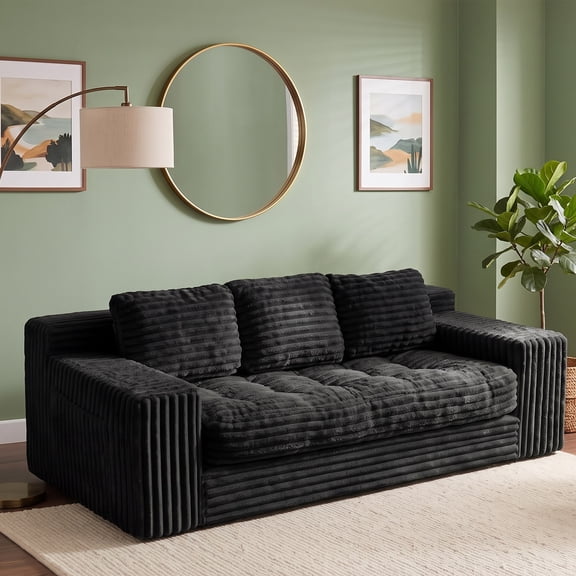 JUIKURY Cloud Boneless 3‑Seater Corduroy Sofa, Upholstered Couch In A Box, No Assembly Required, Black