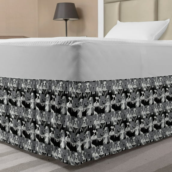 Bulldog Bed Skirt, Pattern with English Bulldog European Gentleman and Punk Characters, Elastic Bedskirt Dust Ruffle Wrap Around for Bedding Decor, 4 Sizes, Grey Black and Pale Grey, by Ambesonne