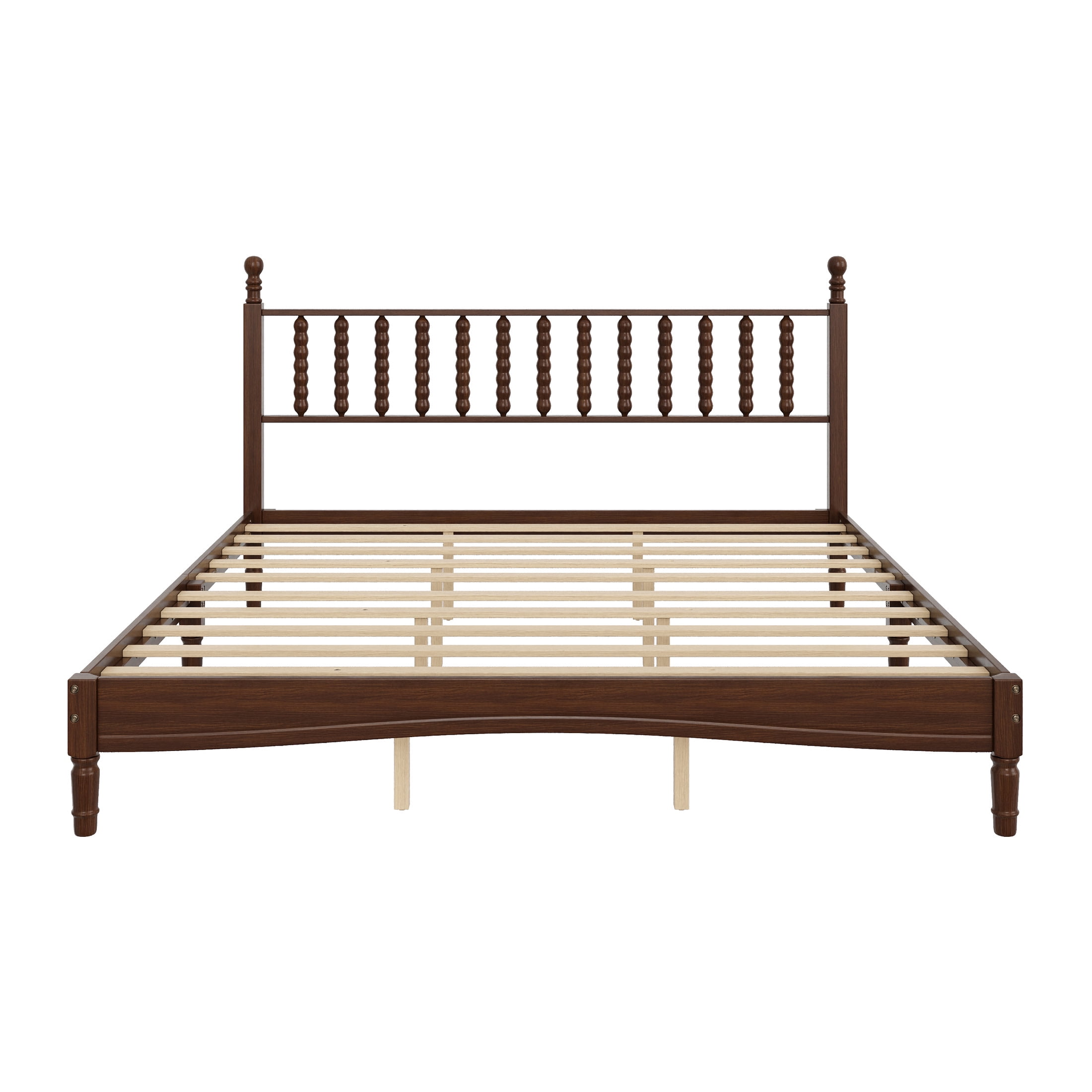 Noble House King Size Wood Platform Bed with Gourd-Shaped Headboard, Retro Style Bed with Wooden Slat Support, Walnut