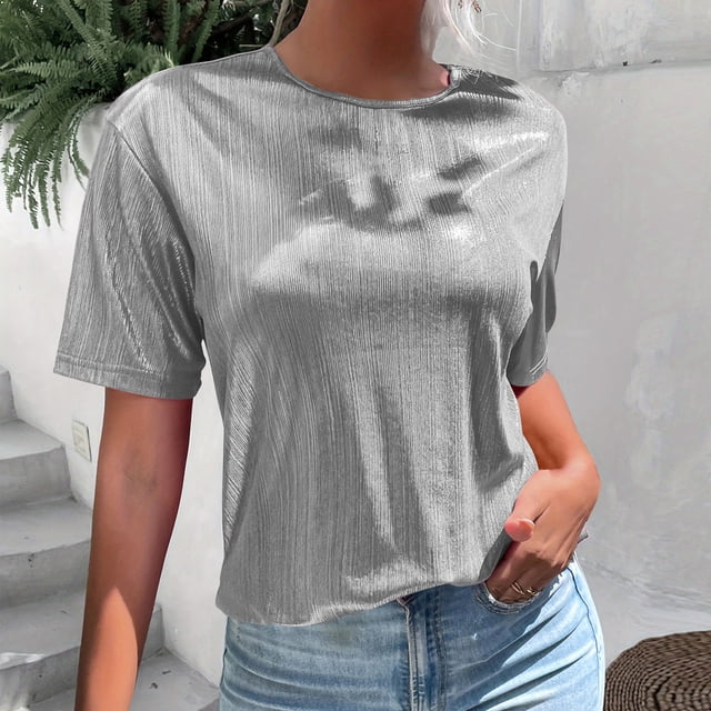 Soki Hauts à Paillettes pour Femmes Couleur Unie Col Rond Manches Courtes