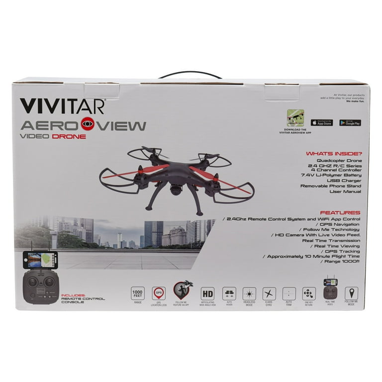Vivitar Aeroview Quadcopter Wide Angle Video Drone with Wifi GPS 12 Minute flight time and a range of 1000 feet