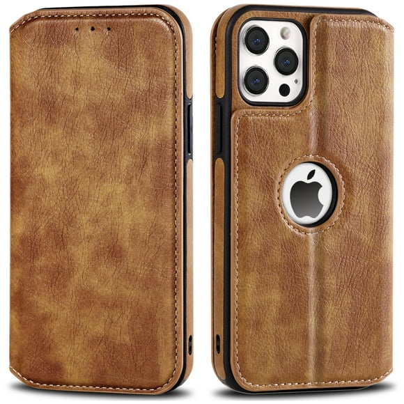 LEDEX Leather Magnetic Slim Flip Case with Two Card Holders RFID Blocking Shockproof Kickstand Cover for iPhone 13 Pro (Brown)