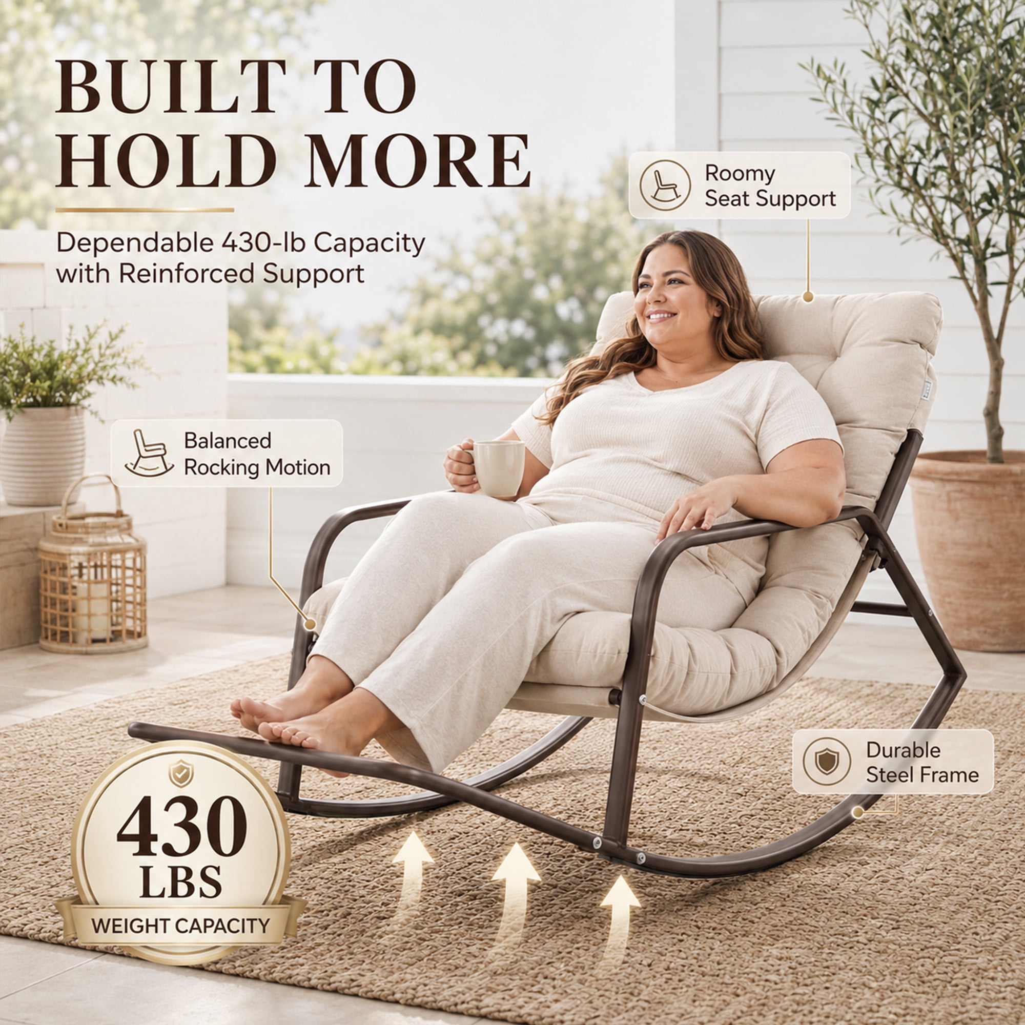 RADIATA Oversize Rocking Chair with Cushion & Footrest, Indoor Outdoor Rocking Chair Recliner, 430 lbs Capacity, Beige