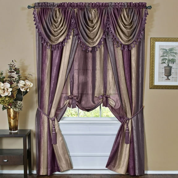 Royal Ombre Crushed Semi Sheer Complete 6 Pc. Window Curtain & Valance Set - Aubergine/Purple