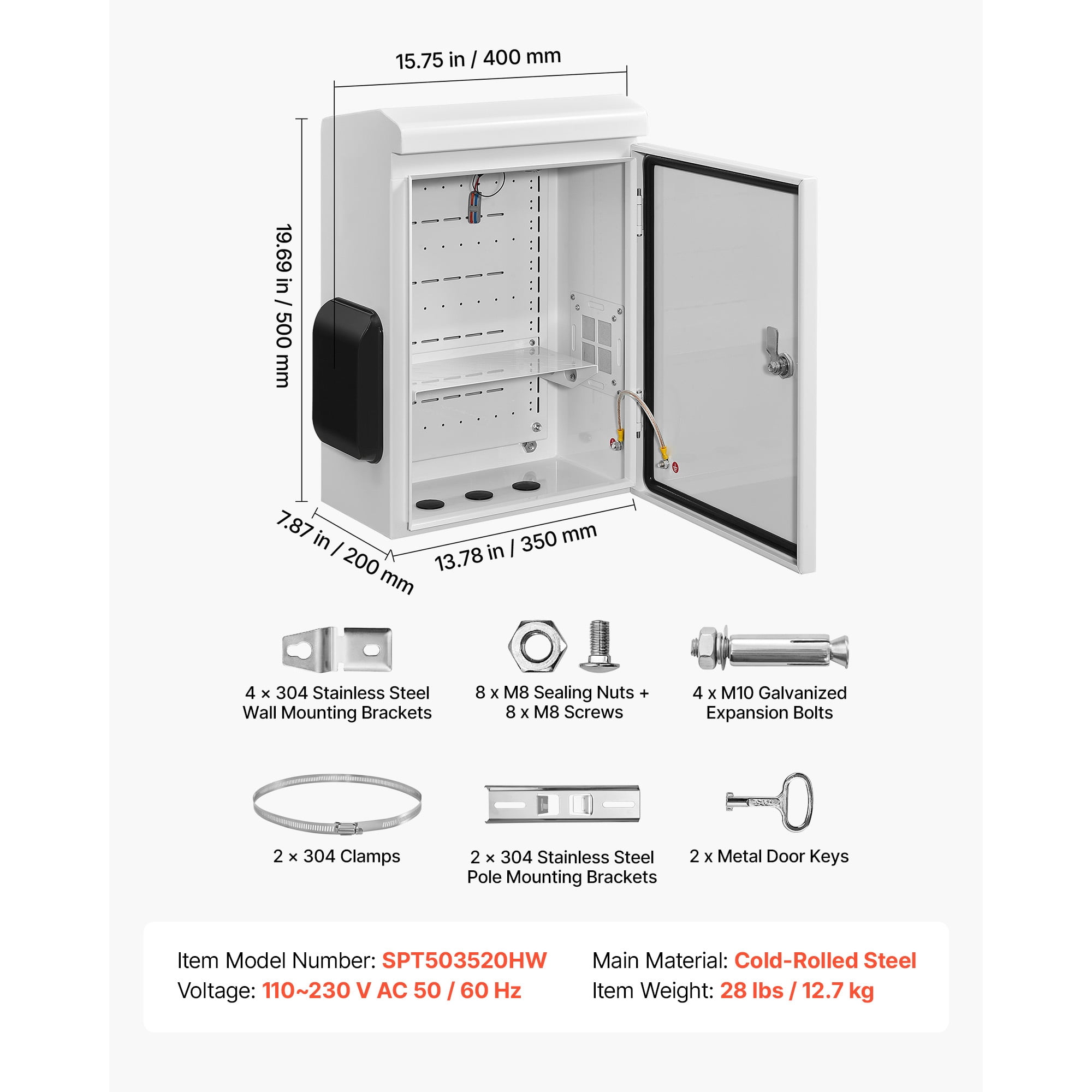 KFFKFF Outdoor Electrical Enclosure, Cold-Rolled Steel, Junction Box with Built-In Thermostat and Fan, Weatherproof Hood, Ventilated Structure, IP65 Rated Waterproof Hinged Design, 20 x 16 x 8 in
