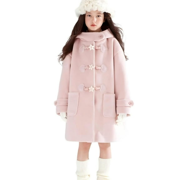 BFHHYA Girls' Wool-Blend Hooded Trench Coat Star Toggle-Button Mid-Length Pea Coat Quilted Casual Winter Jacket for Cold Days Errands(5-15Y)