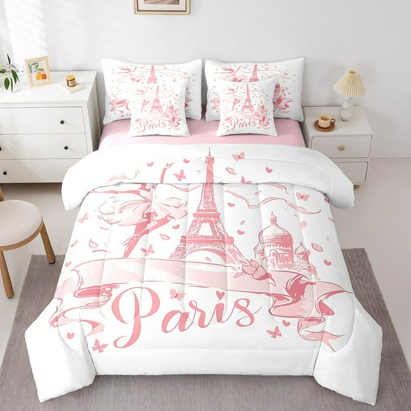 Erosebridal Pink Eiffel Tower Bedding Sets Twin Size, Romantic Paris Comforter Sets with Sheets, Princess Reversible Bed Set, Ultra Soft Bedroom Decor, 7 Pieces