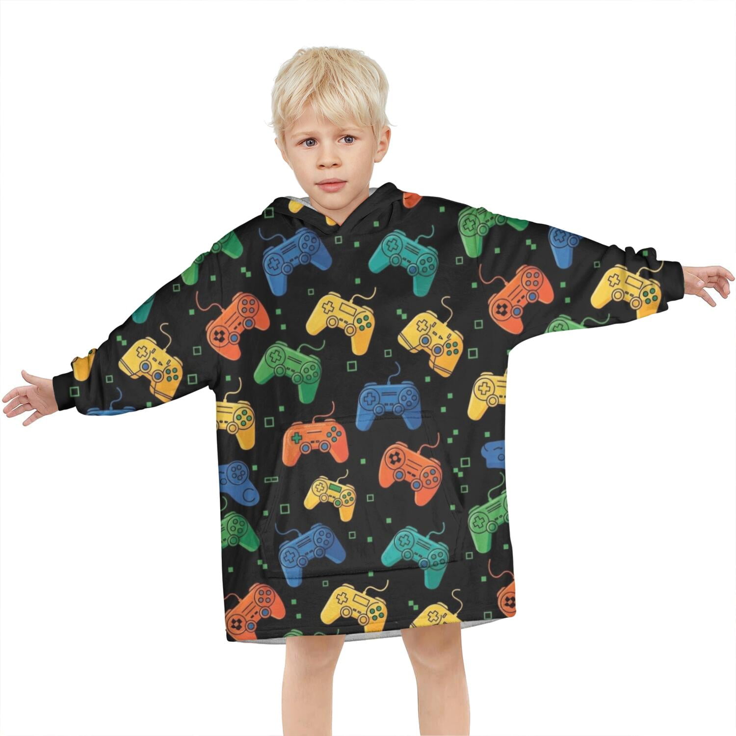 Multicolor Controllers Games Icons Black Pattern Blanket Hoodies for Kids 6-13YR Oversize Wearable Blanket Hoodies for Boys Girls Teens