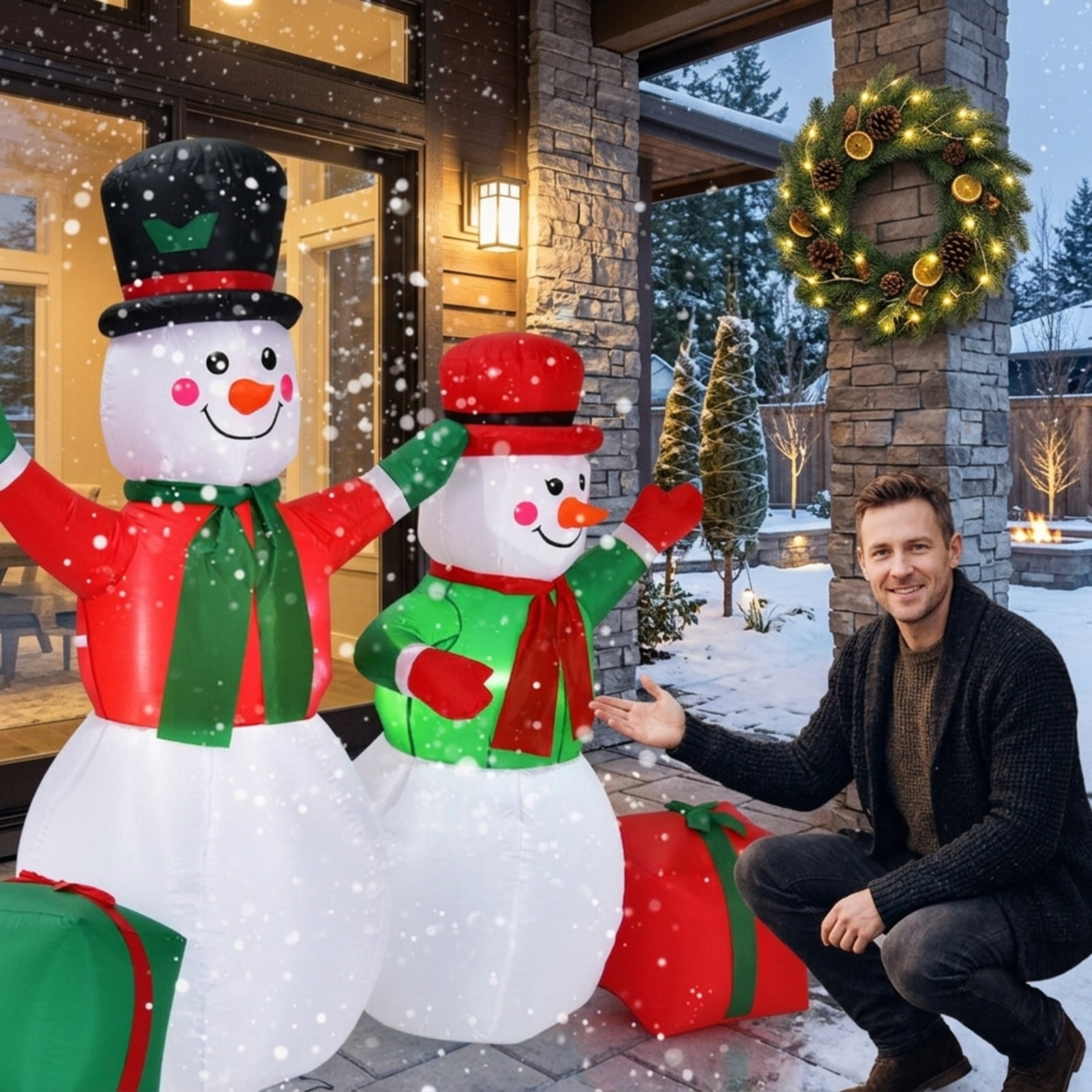 RUIE 6 FT Christmas Inflatable Snowmen, Blow Up Outdoor Snowman Decoration with LED Lights and Sandbag, Lighted Yard Decor for Lawn Garden