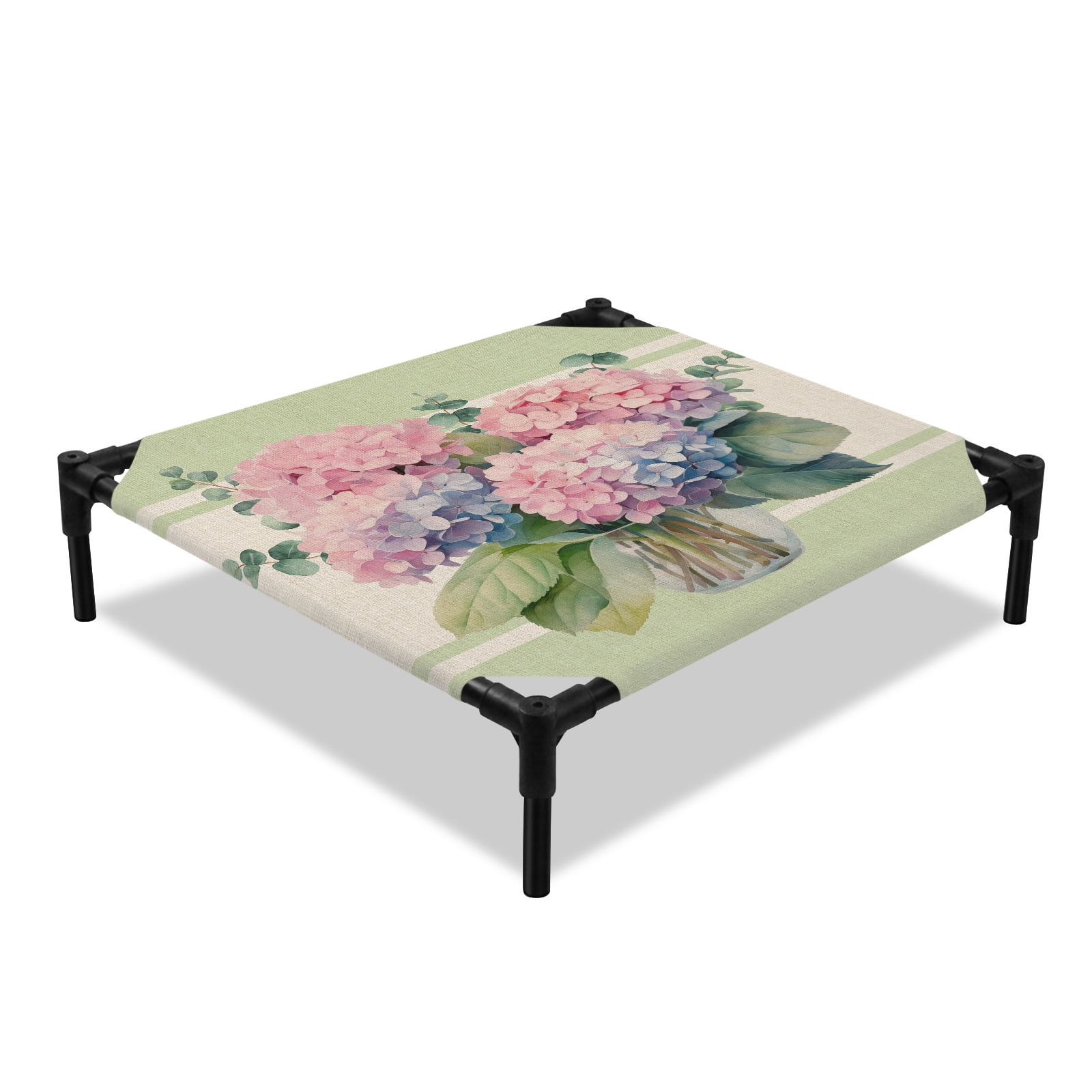 Hello Spring Elevated Dog Bed Watercolor Hydrangeas Green Texture Cooling Breathable Outdoor Raised Dog Cot Bed with Metal Frame Non-Slip Feet for Small Dog 20x20in