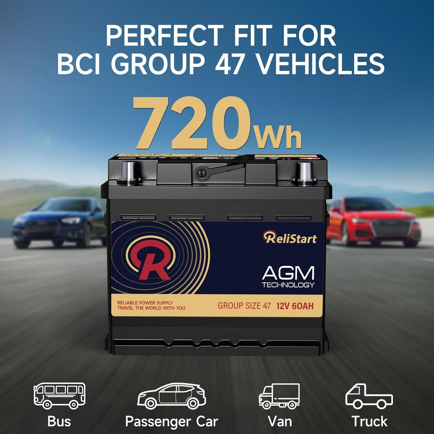 AGM Battery BCI Group 47 Car Battery-12V 60Ah H5 Size 47 Automotive Battery, 12V Start-Stop Rechargeable Auto Starting Power, Deep Cycle, 36 Months Warranty, 105RC, 680CCA