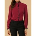 thumbnail image 6 of MODA NOVA Junior's Stand Collar Button Down Long Sleeve Shirt  Burgundy XS, 6 of 7