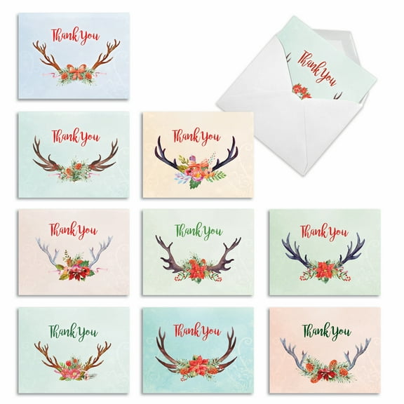 10 Assorted Christmas Thank You Note Cards Pack - Floral Horns