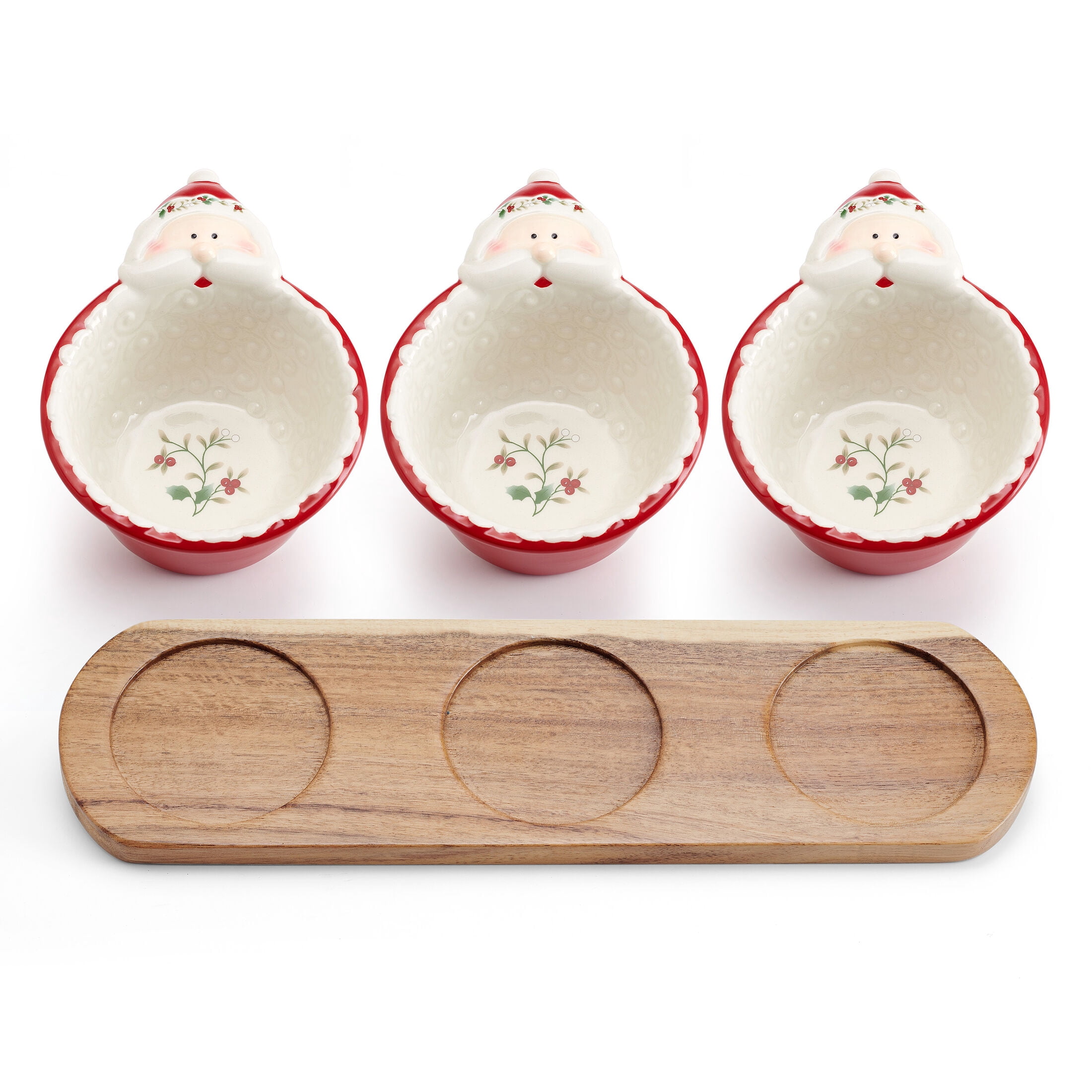 Pfaltzgraff Winterberry 3 Santa Dip Bowls with Wood Base