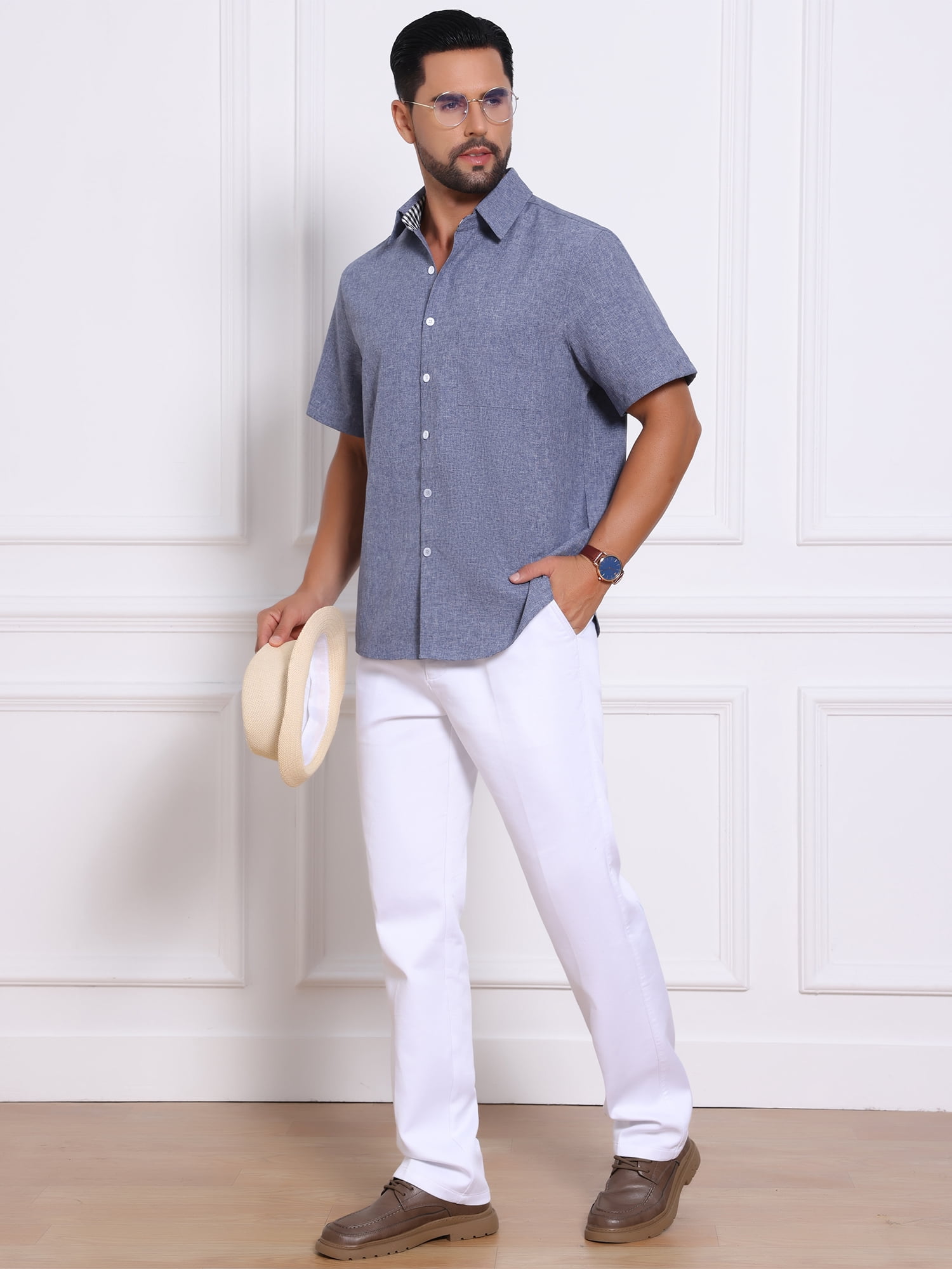 DARING DIVA Men's Plain Linen Short Sleeve Contrast Color Collar Shirts M Denim Blue