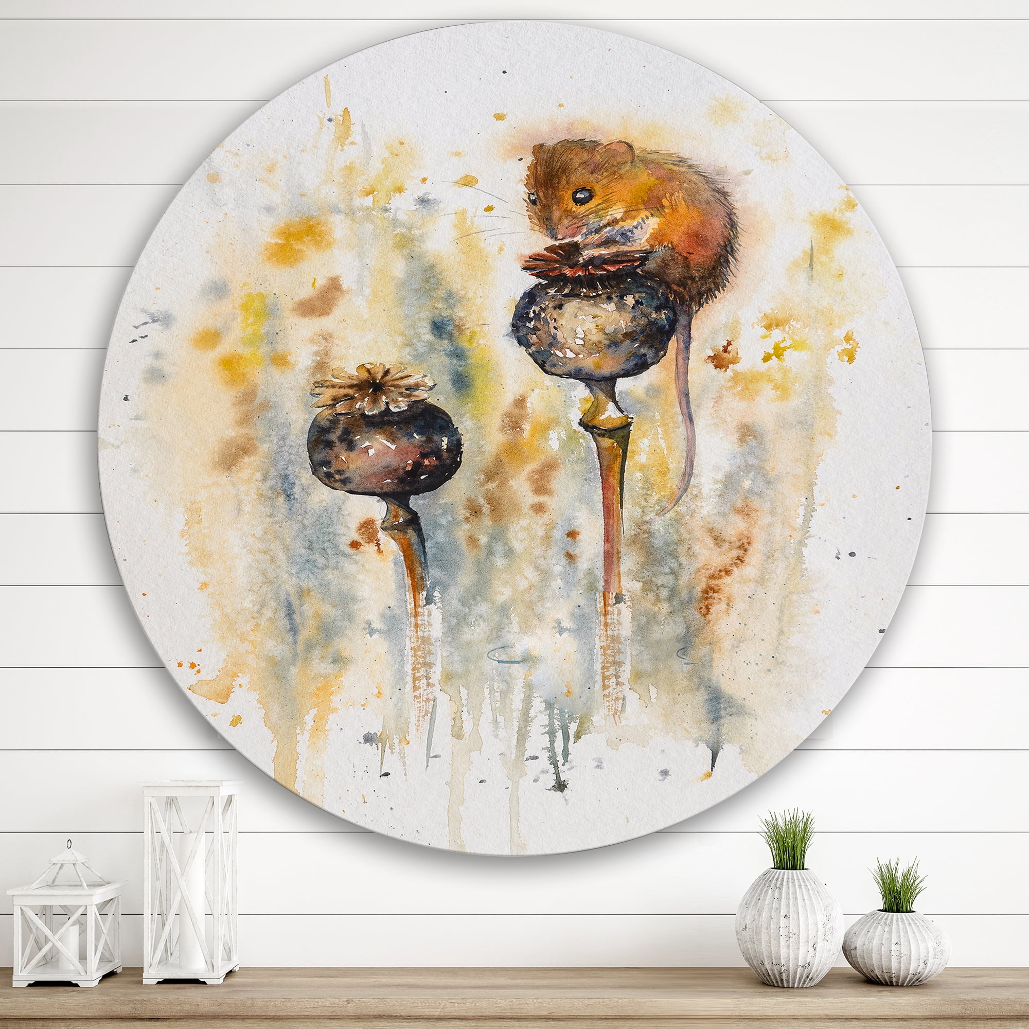 Designart 'Little Mouse Sitting On Poppies' Traditional Circle Metal Wall Art 29x29 - Disc of 29