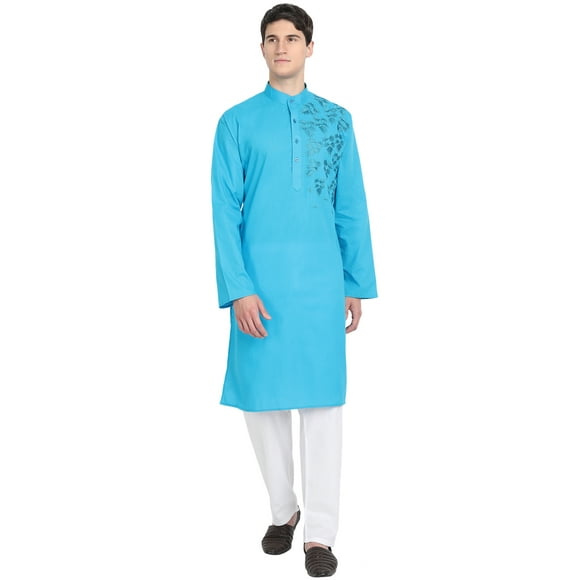SKAVIJ Kurta Pajama Set for Men Embroidered Cotton Wedding Party Dress Turquoise S