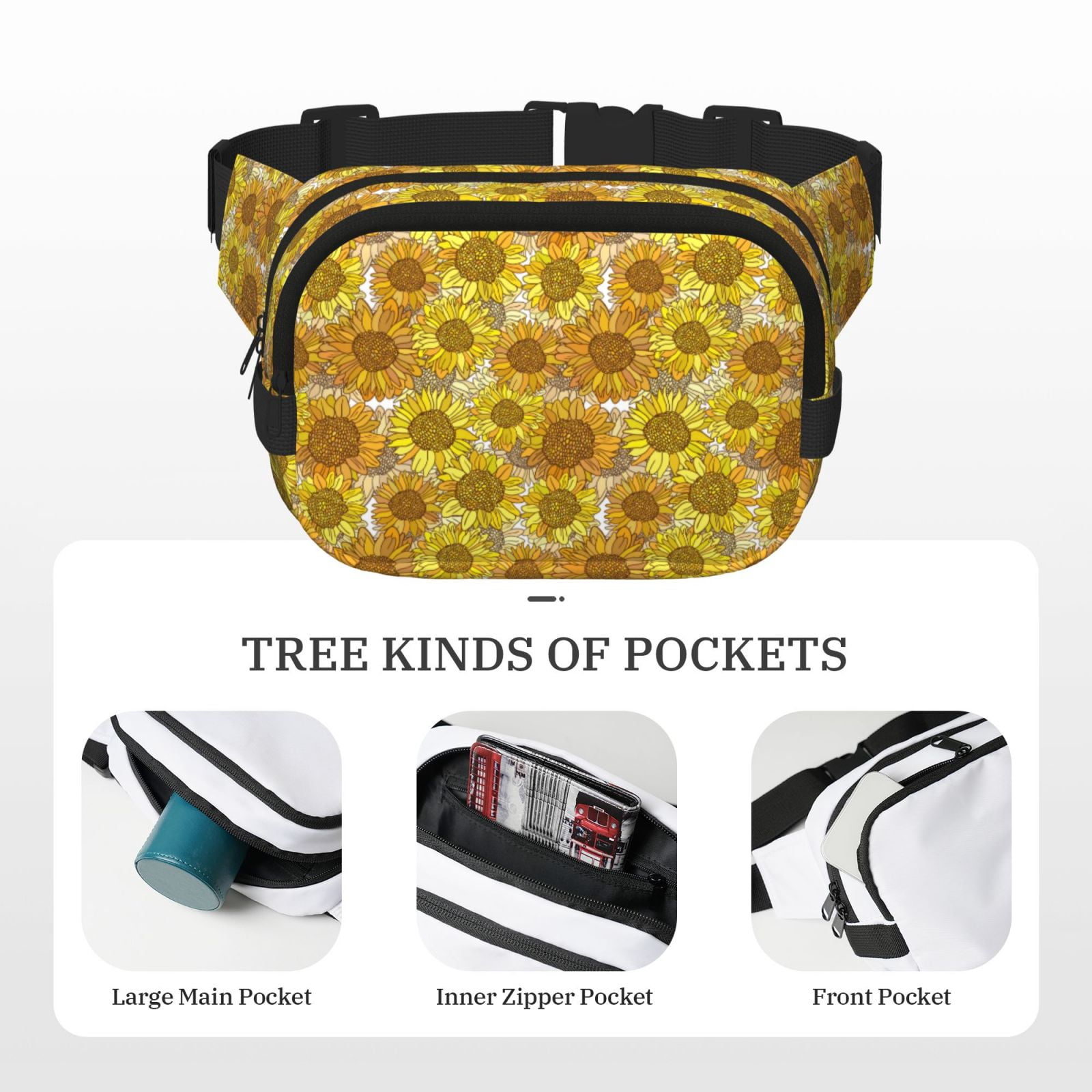 Picia Sunflowers1 Print Square Double-Layer Waist Bag Mini Adjustable Waist Belt Bag Exercise Running Travel Hiking