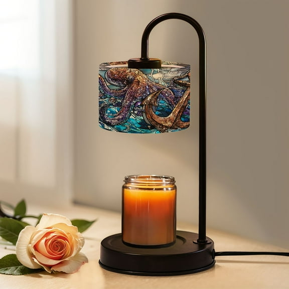 Candle Warmer Lamp with Timer, Vibrant Octopus Anchor Stormy Sea Stained Glass Non-slip Wireless Remote Control Wax Melts Warmer with 4 Bulbs for Home Office Dorm, Birthday Gifts for Women