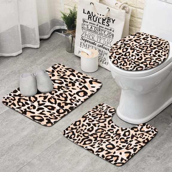 Beige and Black Of Leopard Print Bathroom Rugs Sets 3 Piece,Toilet Cover Set,Absorbent Non Slip Bathroom Mats Sets with U-Shaped Contour Rug Toilet Rug Set