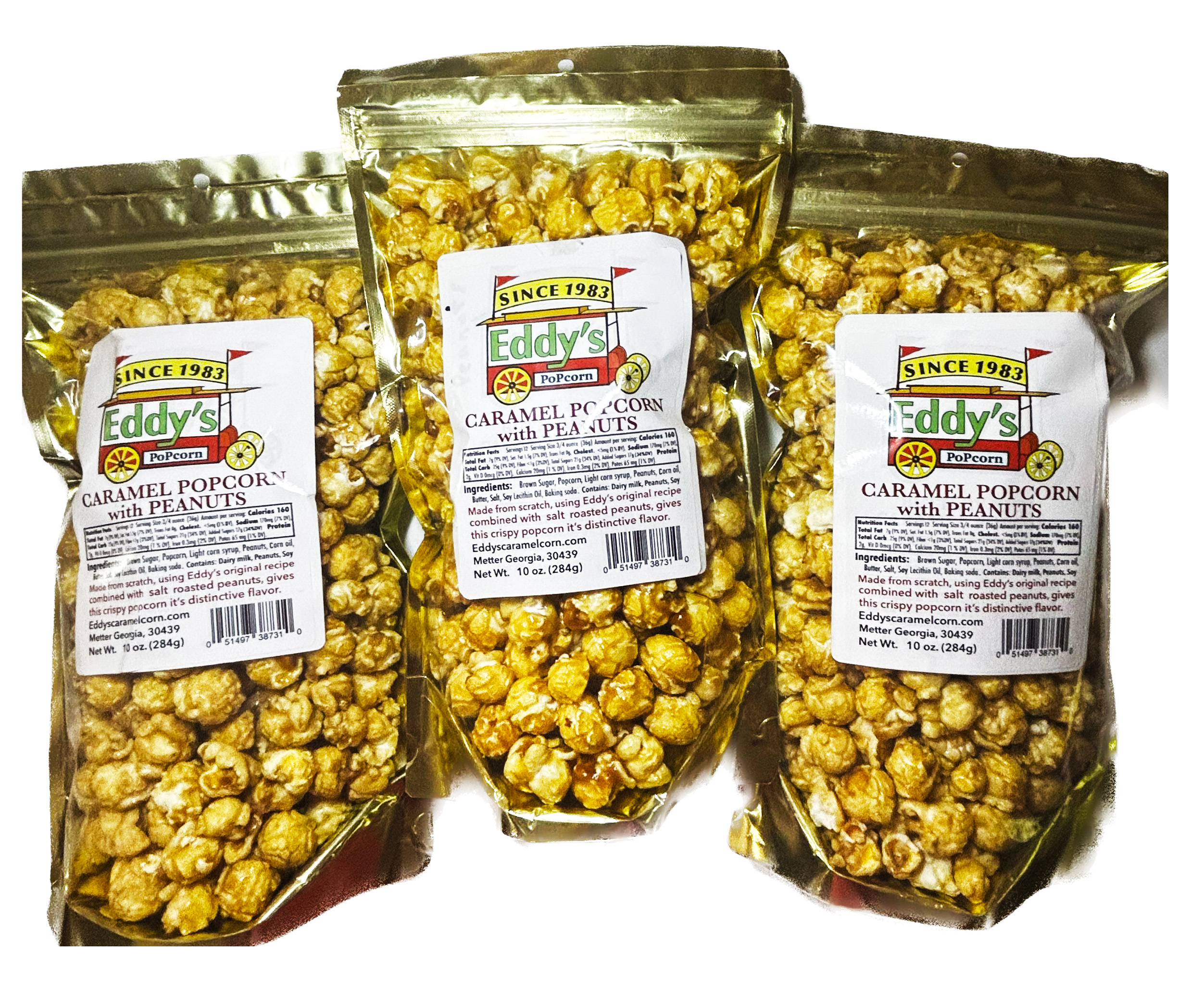 Eddy's Caramel Popcorn with Peanuts, Resealable Bags, 10 oz. 3ct